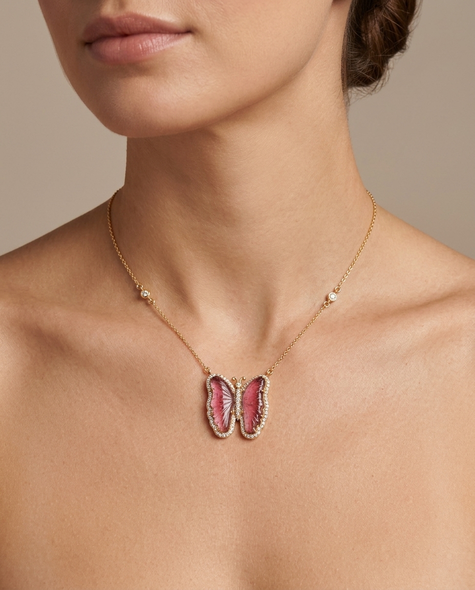 14KT Yellow Gold Watermelon Tourmaline and Diamonds Butterfly Necklace on model