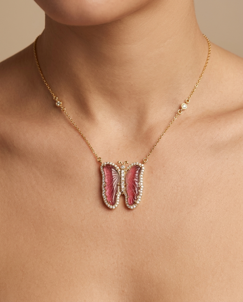 14KT Yellow Gold Watermelon Tourmaline and Diamonds Butterfly Necklace on model