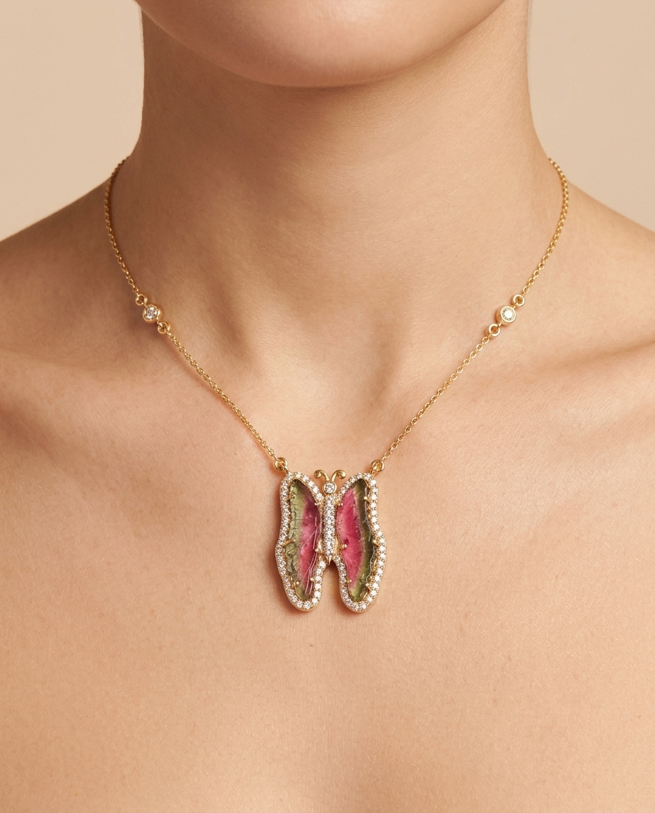 14KT Yellow Gold Watermelon Tourmaline and Diamonds Butterfly Necklace on model