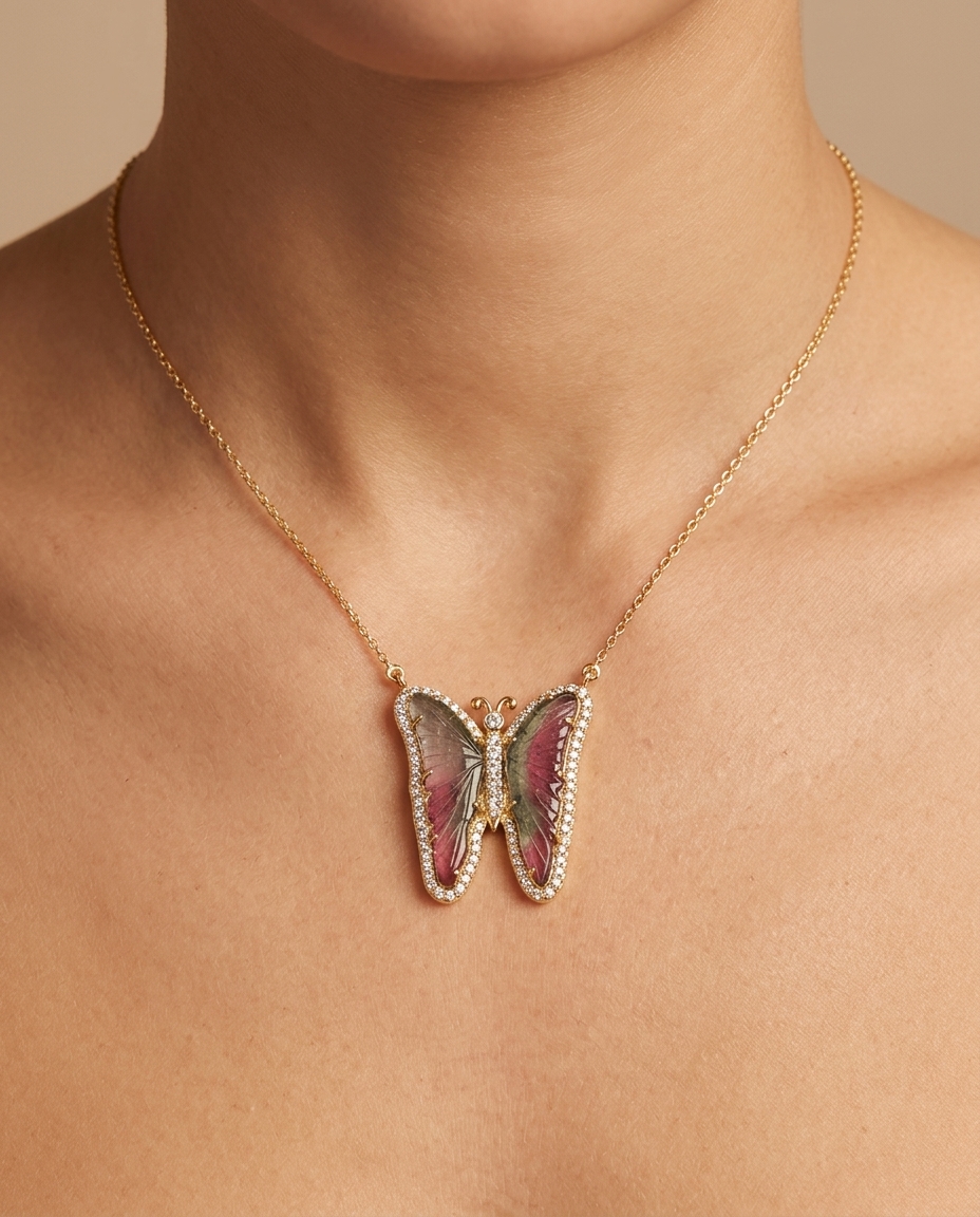 14KT Yellow Gold Watermelon Tourmaline and Diamonds Butterfly Necklace on model
