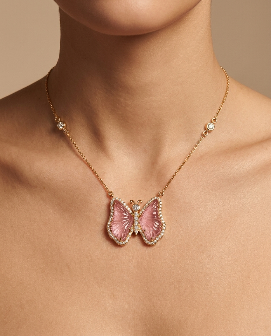 14KT Yellow Gold Watermelon Tourmaline and Diamonds Butterfly Necklace on model