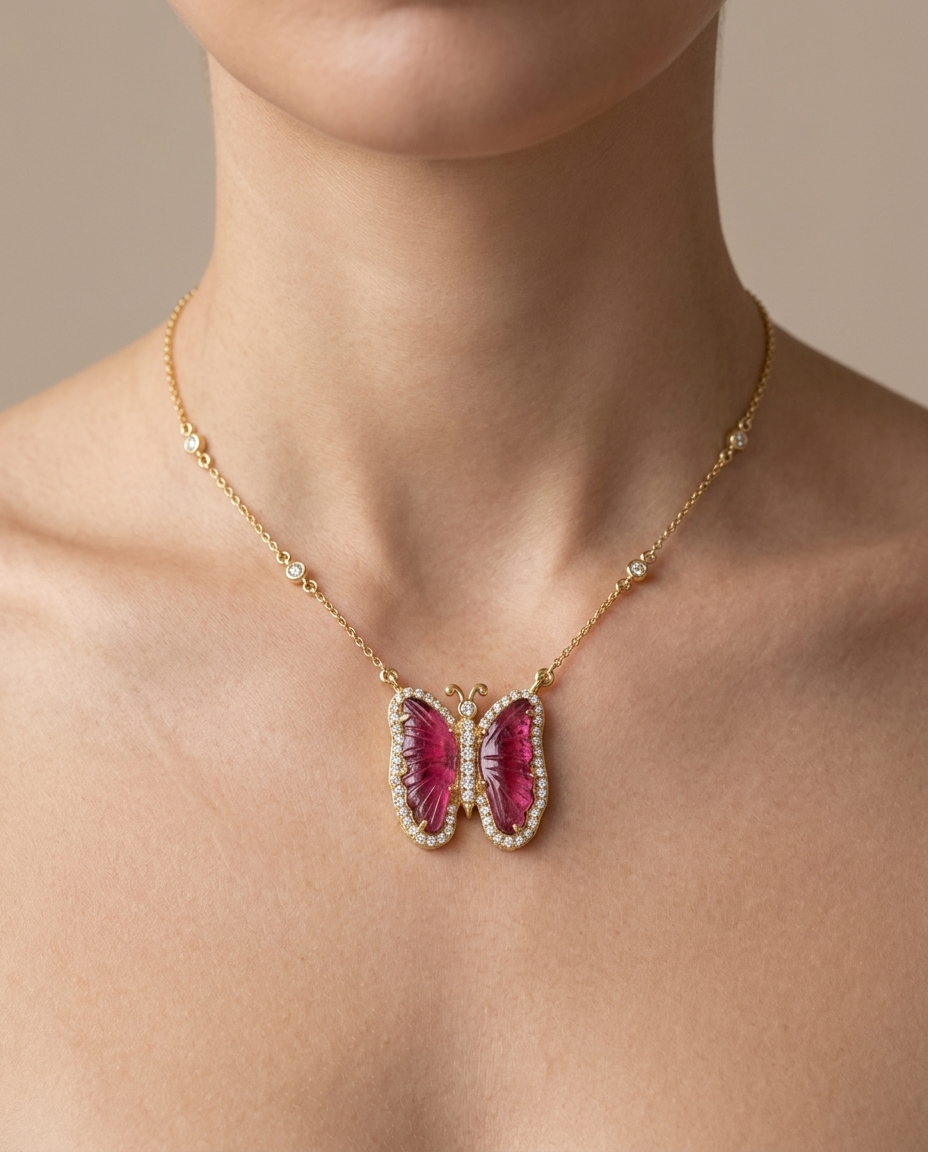 14KT Yellow Gold Watermelon Tourmaline and Diamonds Butterfly Necklace on model