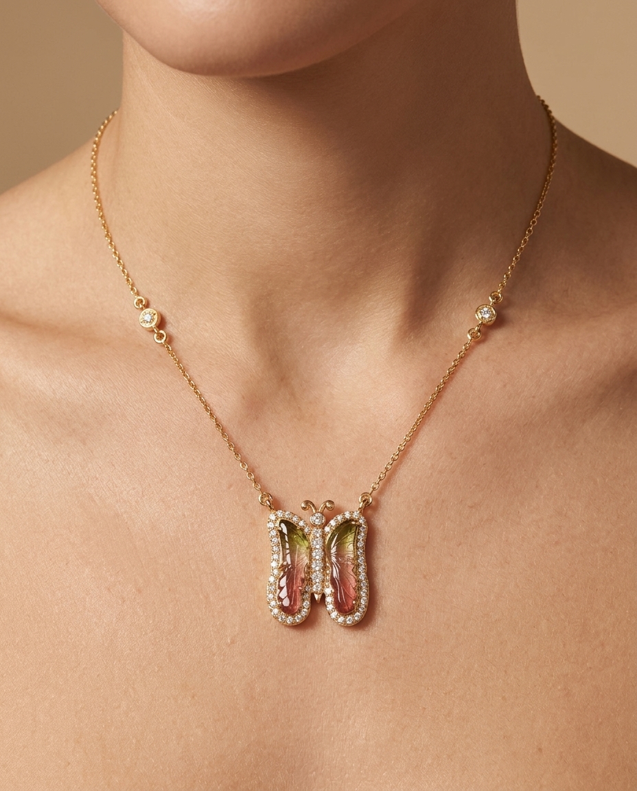 14KT Yellow Gold Watermelon Tourmaline and Diamonds Butterfly Necklace on model