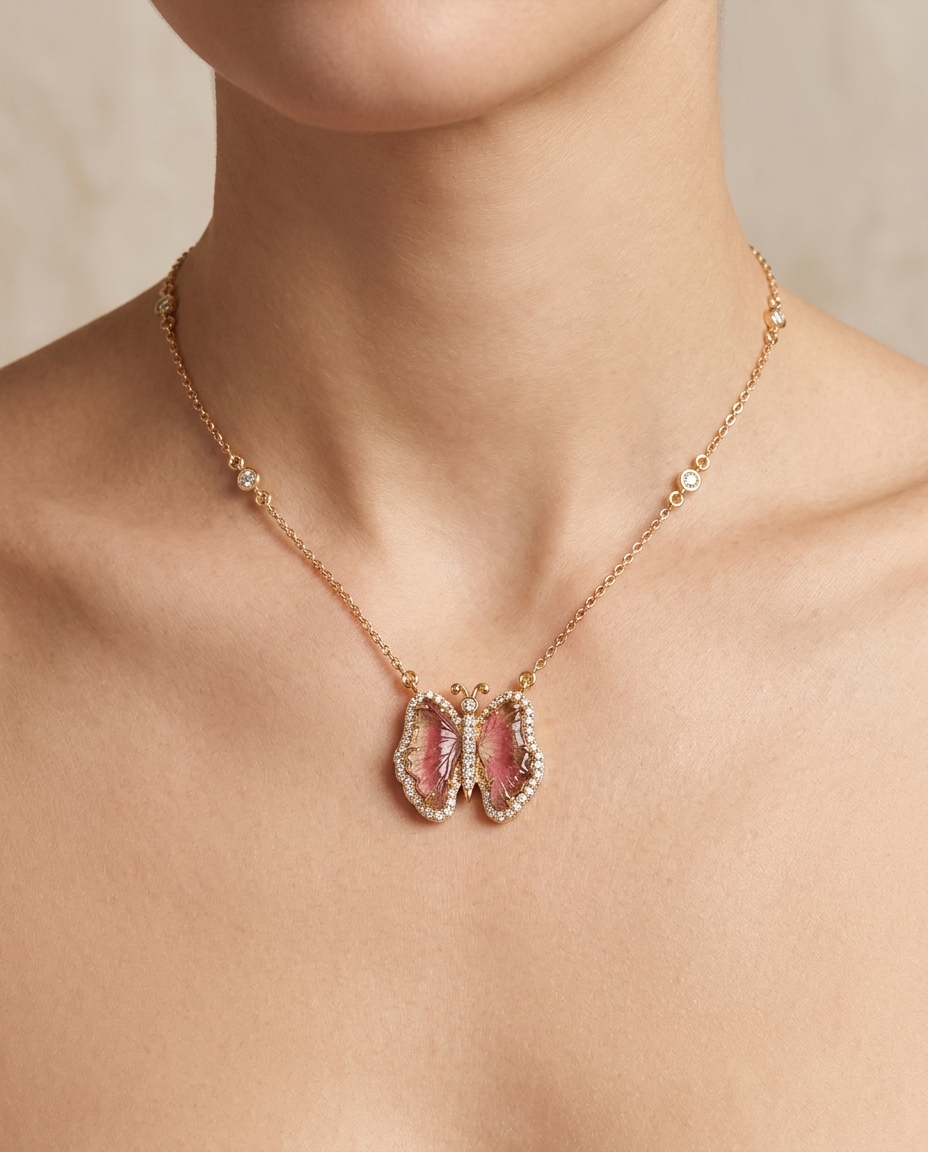 14KT Yellow Gold Watermelon Tourmaline and Diamonds Butterfly Necklace on model