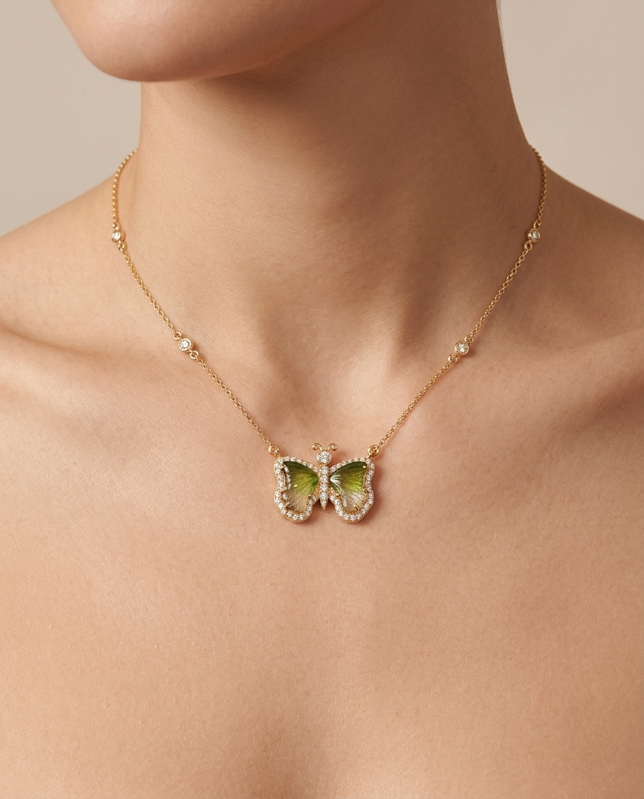 14KT Yellow Gold Watermelon Tourmaline and Diamonds Butterfly Necklace on model