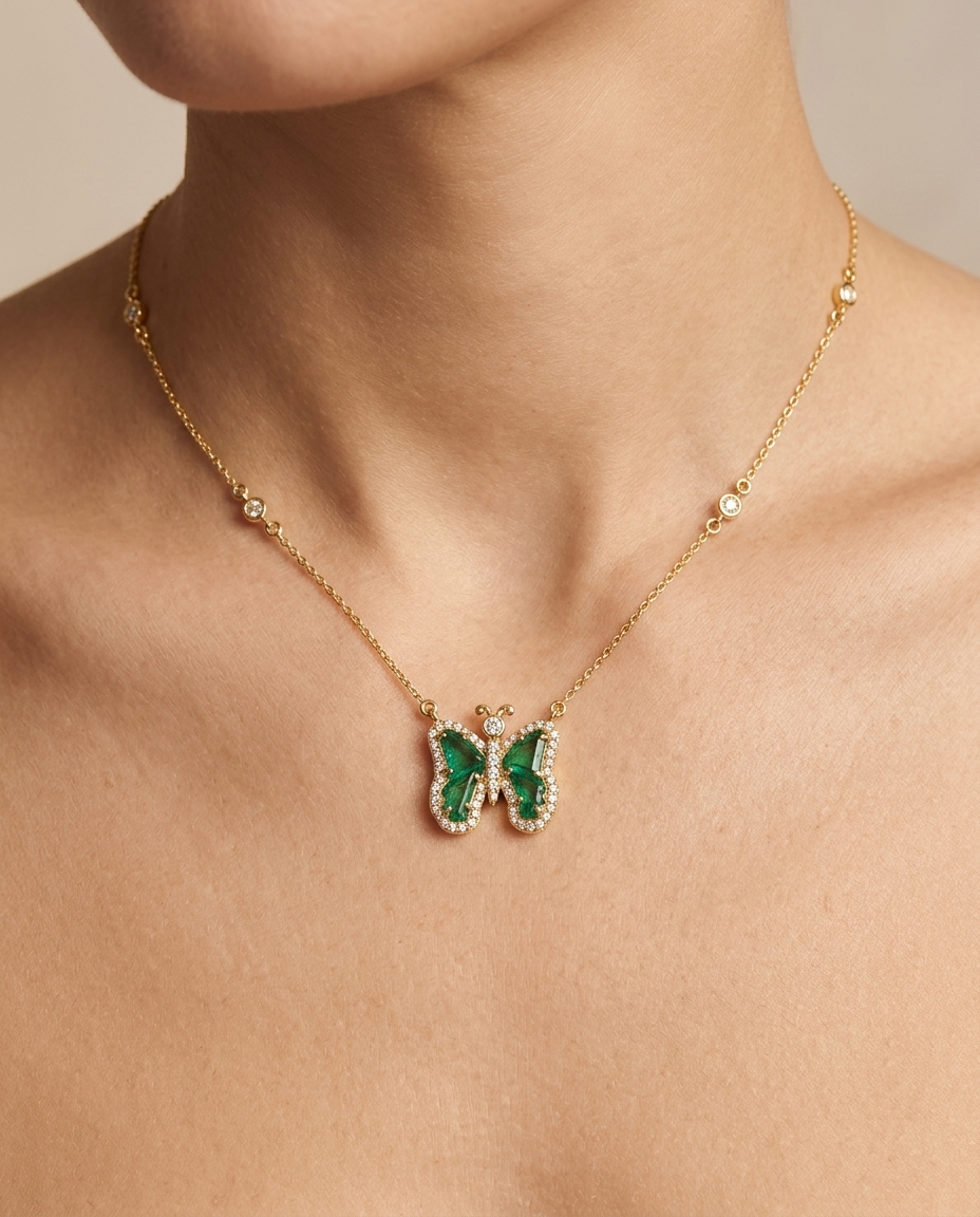 14KT Yellow Gold Watermelon Tourmaline and Diamonds Butterfly Necklace on model