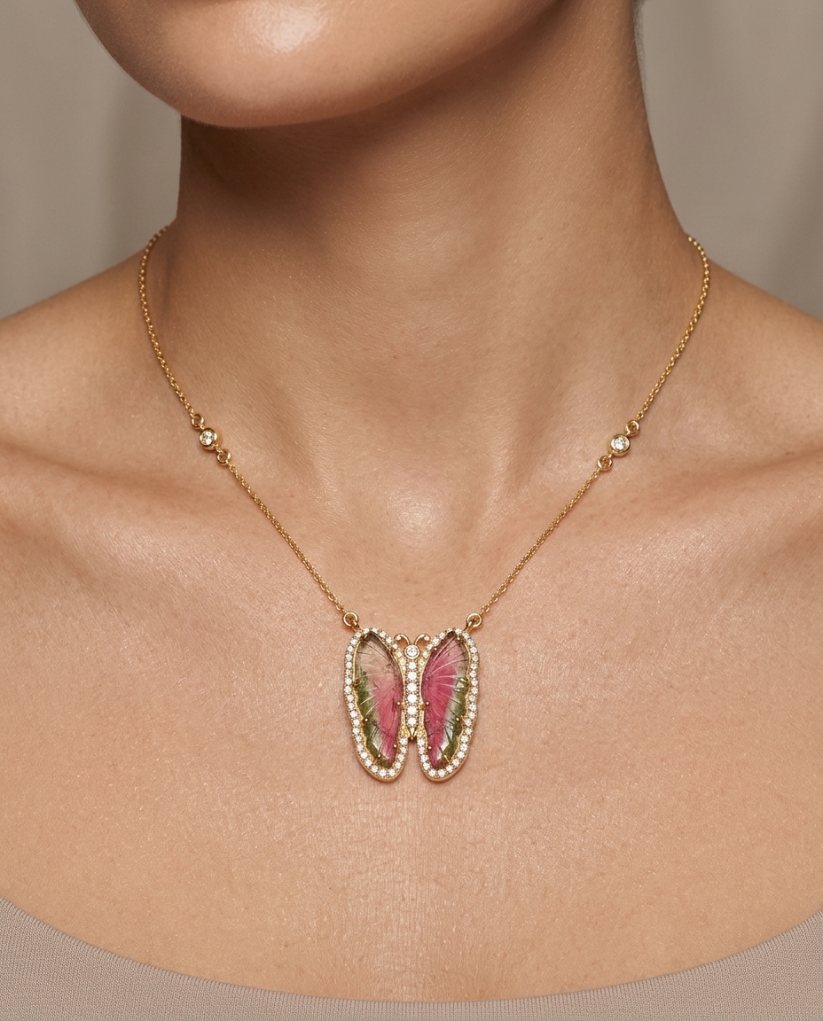14KT Yellow Gold Watermelon Tourmaline and Diamonds Butterfly Necklace on model