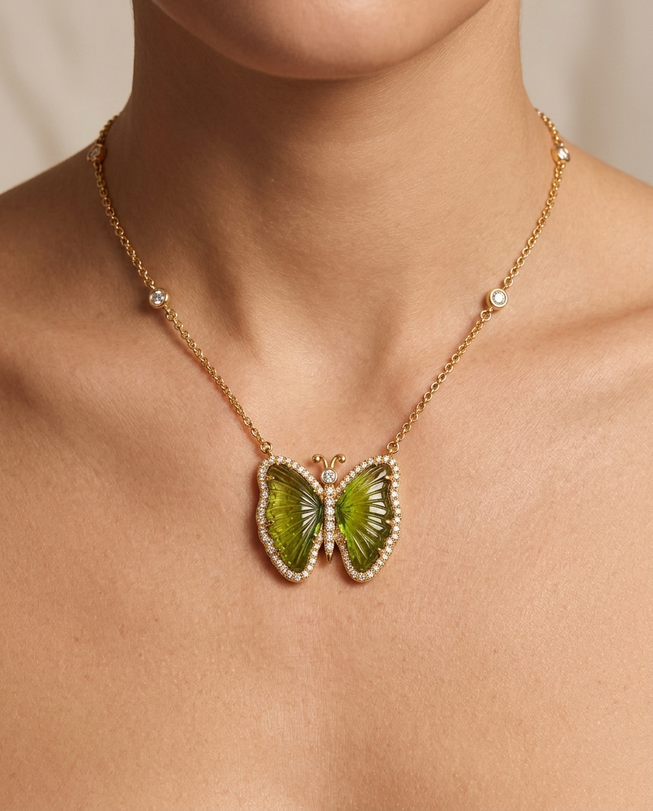 14KT Yellow Gold Watermelon Tourmaline and Diamonds Butterfly Necklace on model