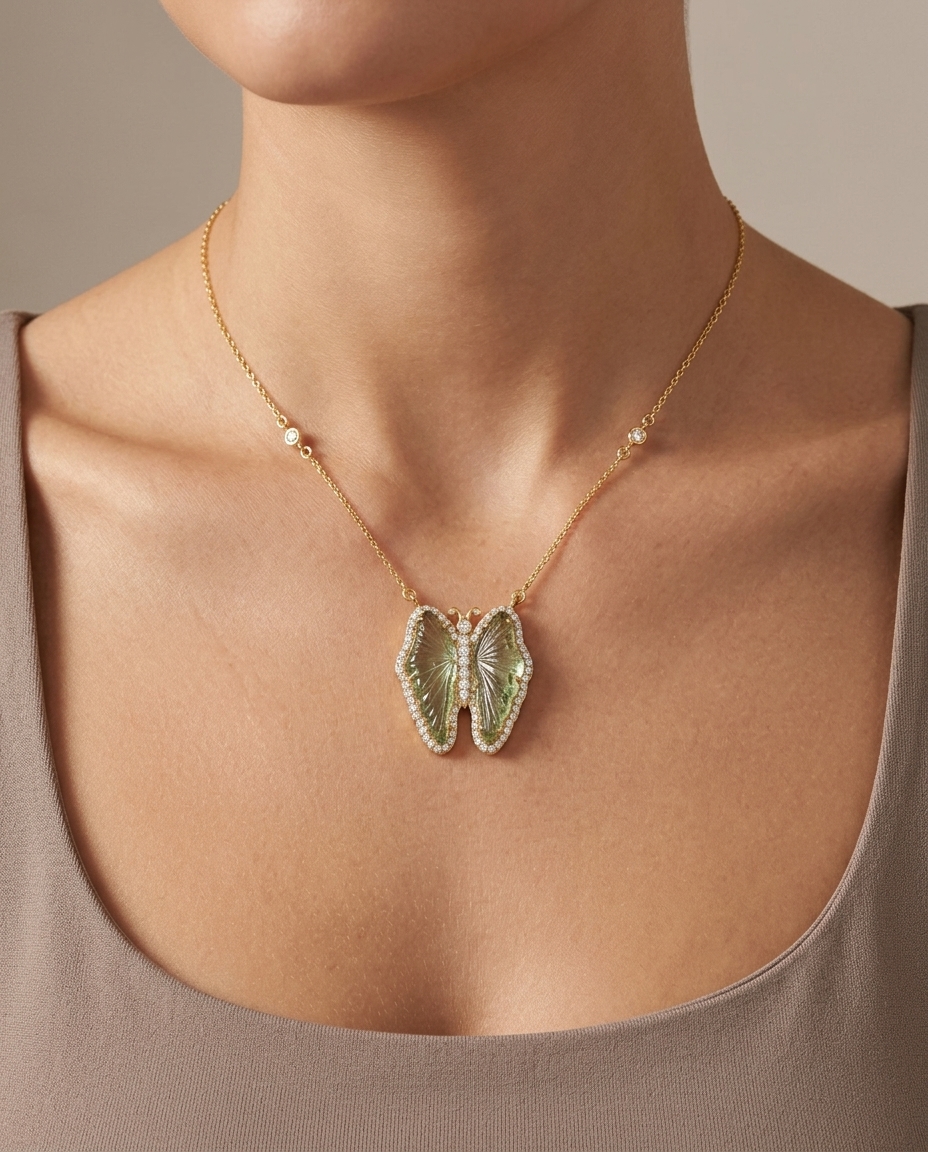 14KT Yellow Gold Watermelon Tourmaline and Diamonds Butterfly Necklace on model