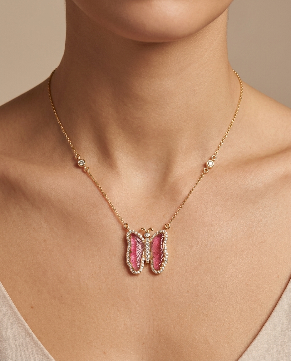 14KT Yellow Gold Watermelon Tourmaline and Diamonds Butterfly Necklace on model
