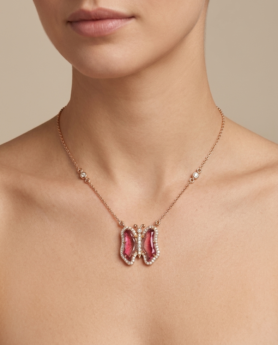 14KT Yellow Gold Watermelon Tourmaline and Diamonds Butterfly Necklace on model