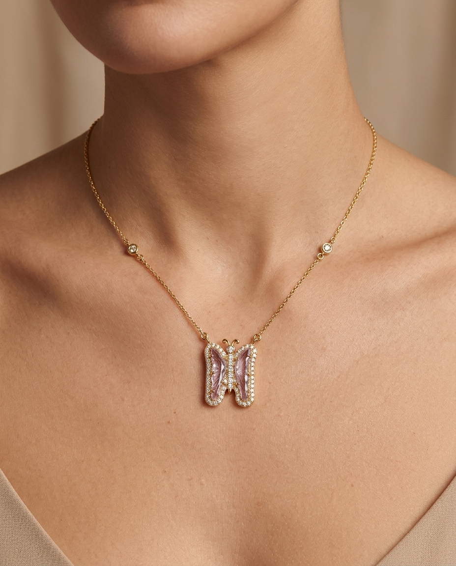 14KT Yellow Gold Watermelon Tourmaline and Diamonds Butterfly Necklace on model