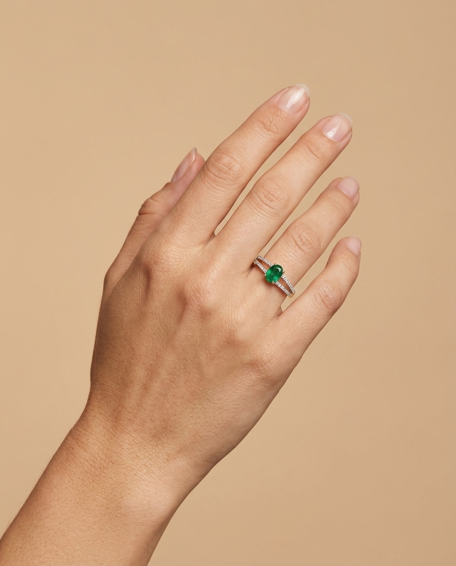 14KT Yellow Gold Emerald and Diamonds Ring on model