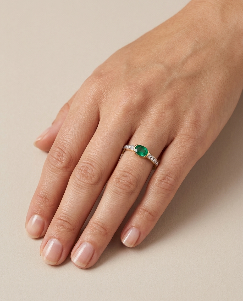 14KT Yellow Gold Emerald and Diamonds Ring on model
