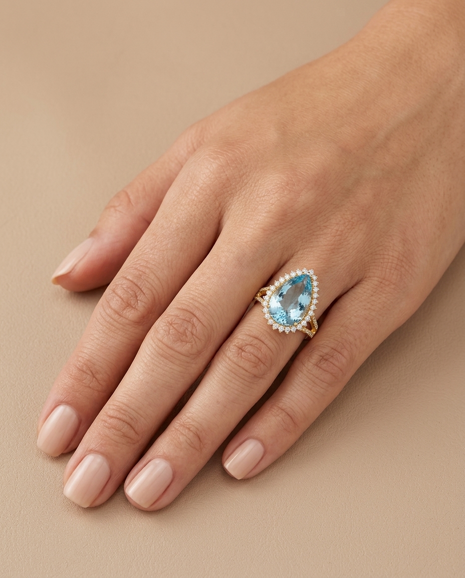 14KT Yellow Gold Aquamarine and Diamonds Ring on model