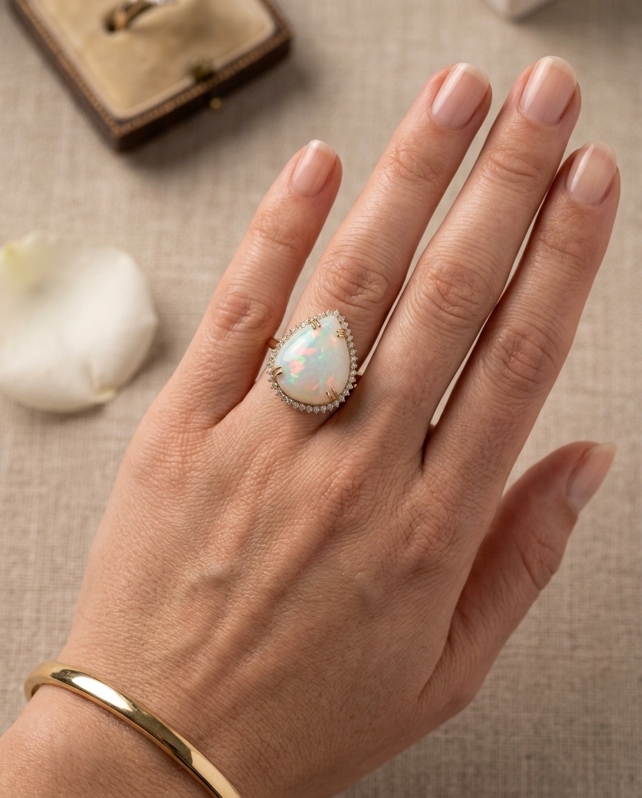 14KT Yellow Gold Opal and Diamonds Ring on model
