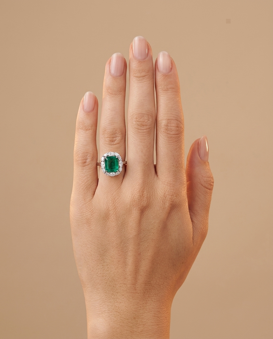 18KT White Gold Emerald and Diamonds Ring on model
