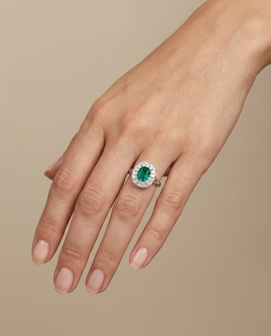 18KT White Gold Emerald and Diamonds Ring on model