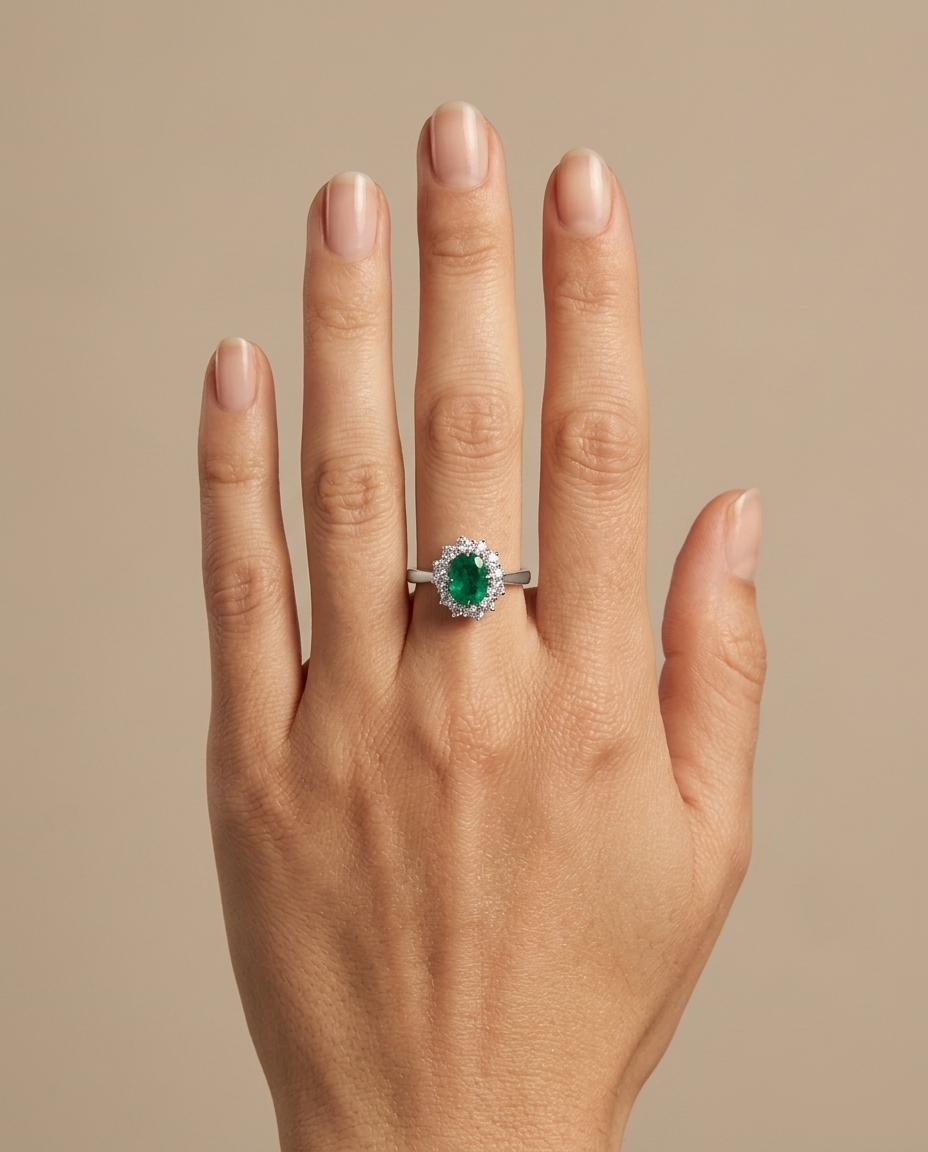 18KT White Gold Emerald and Diamonds Ring on model