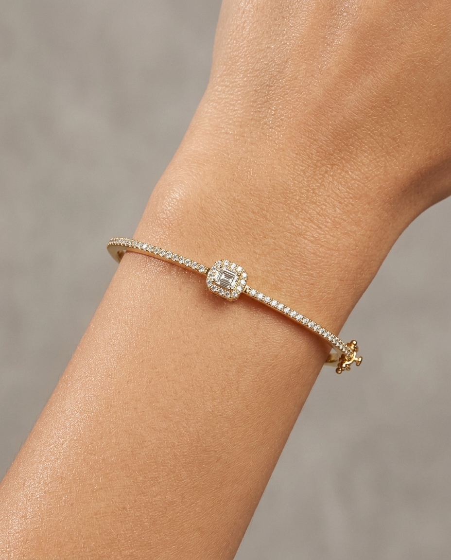 14KT Yellow Gold Emerald Cut Diamond Bangle on model