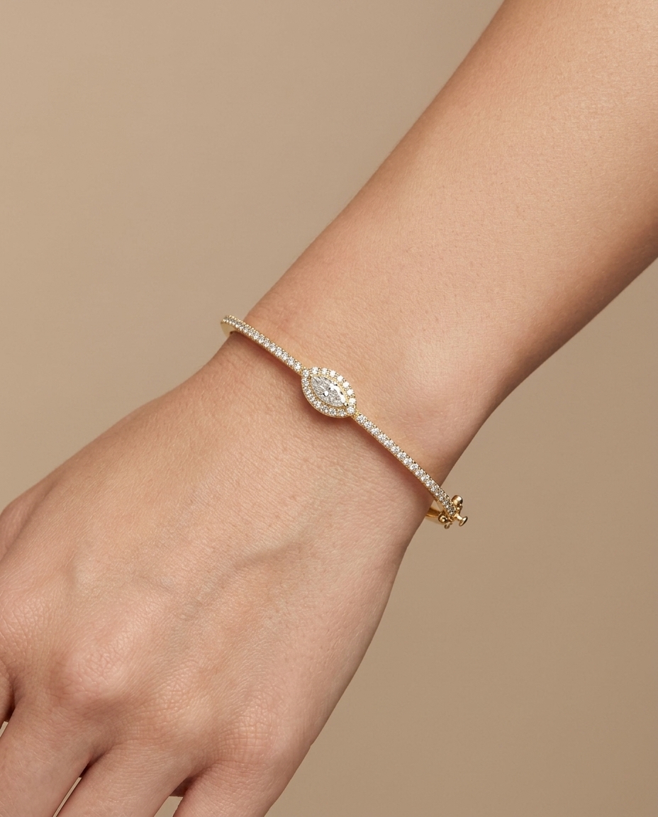 14KT Yellow Gold Marquise Shape Diamond Bangle on model