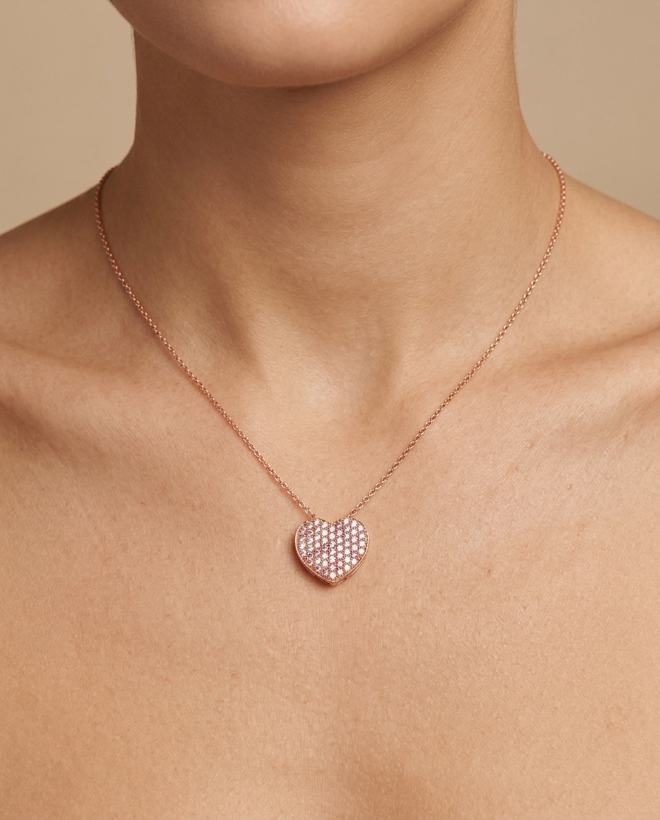 14KT Rose Gold Pink Diamond Heart Shape Necklace on model