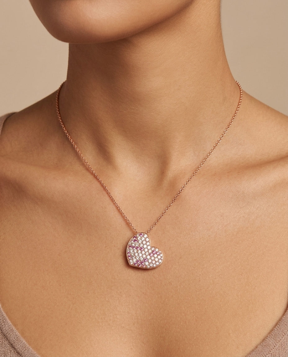 14KT Rose Gold Pink Diamond Heart Shape Necklace on model