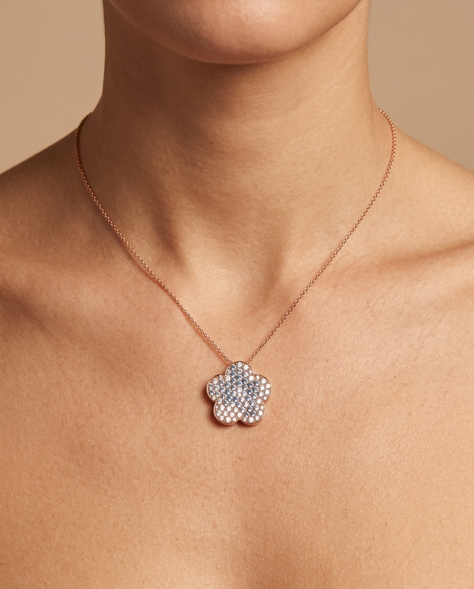 14KT Gold Diamond Flower Necklace on model