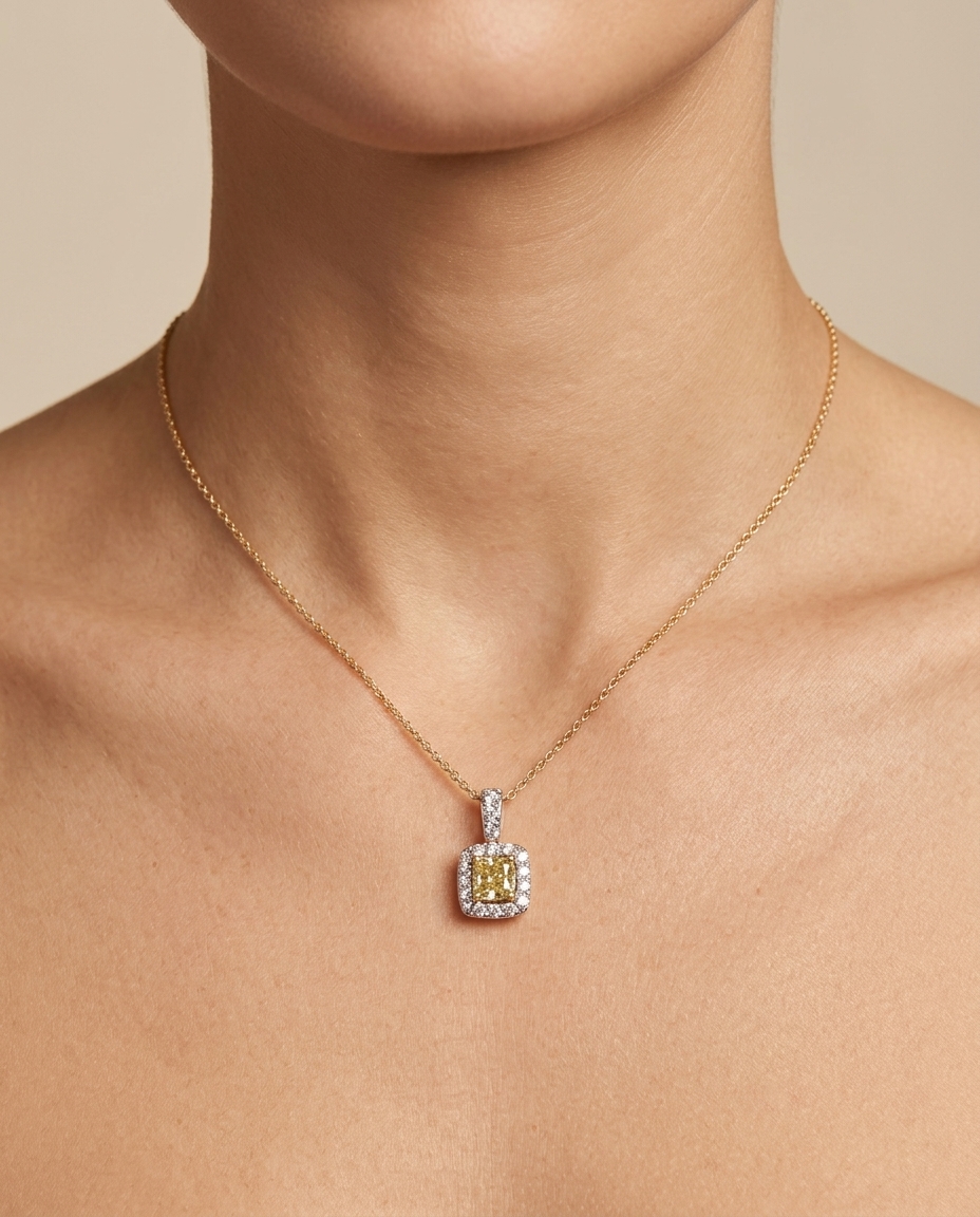 14KT Yellow Gold Diamond and Yellow Diamond Necklace on model