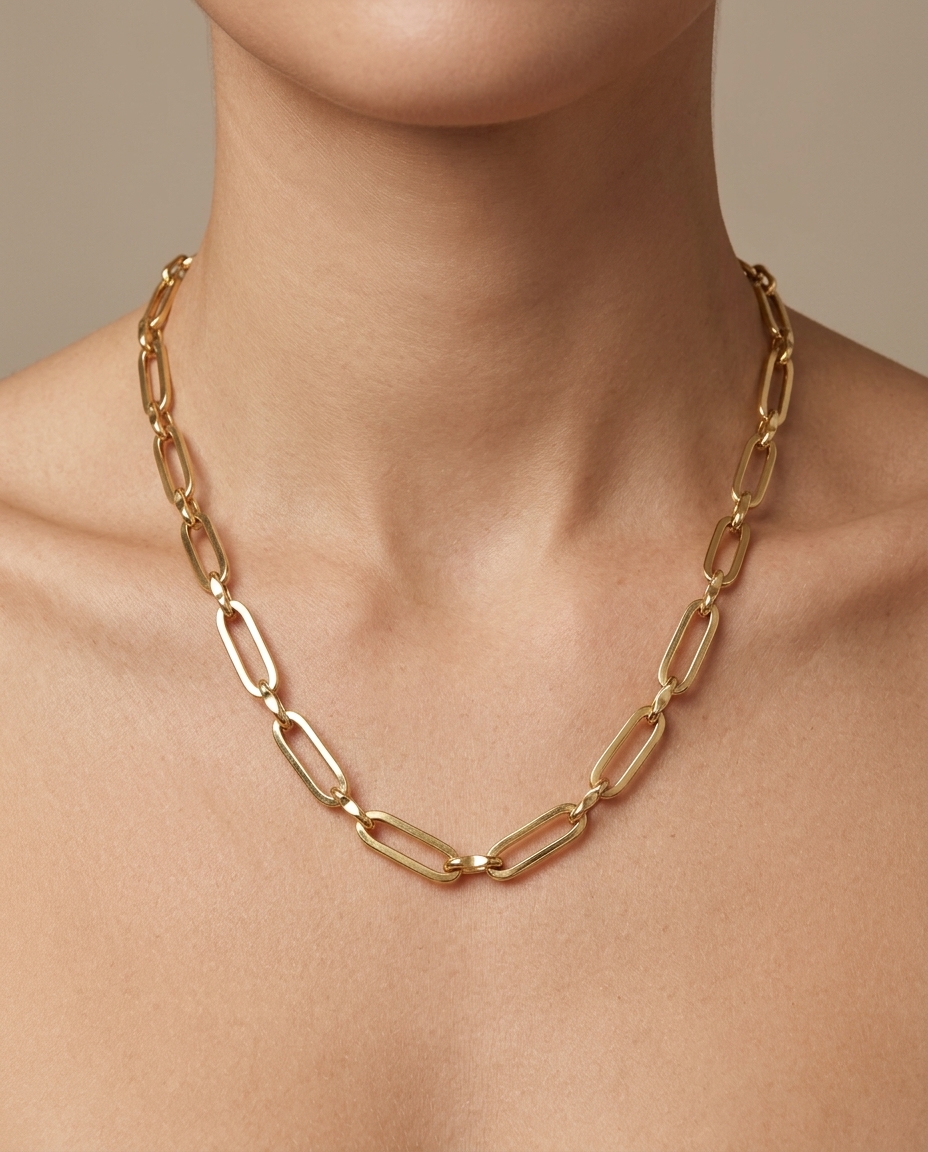 14KT Yellow Gold Paperclip Necklace on model