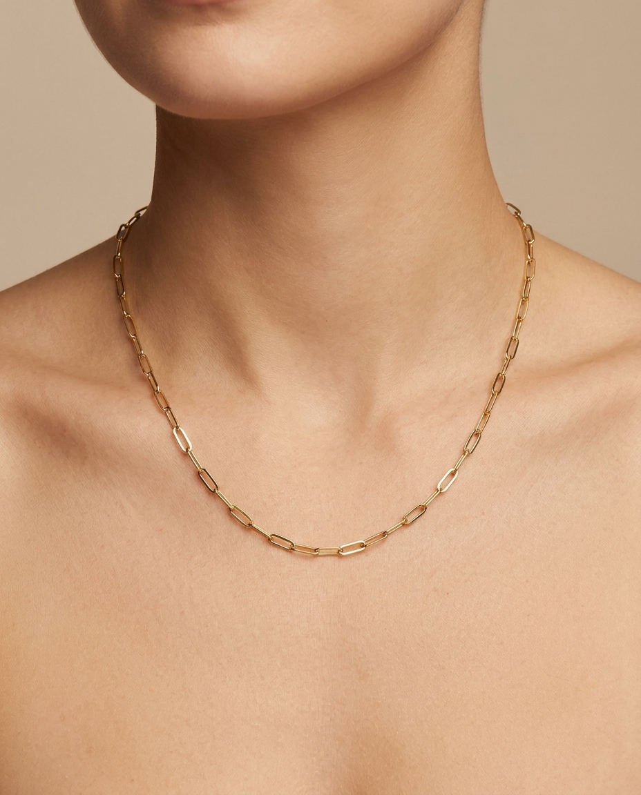 14KT Gold Flat Paperclip Necklace on model