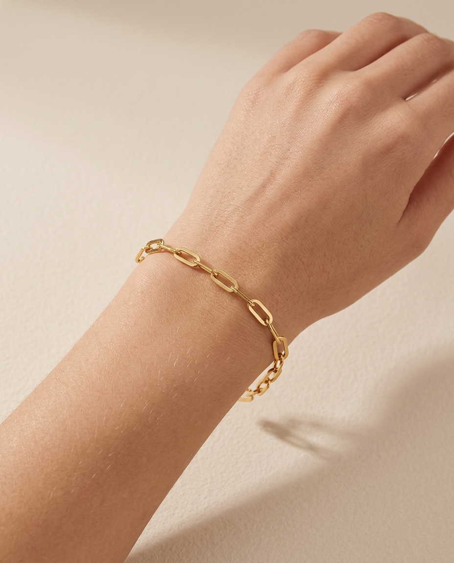 14KT Gold Flat Paperclip Chain on model