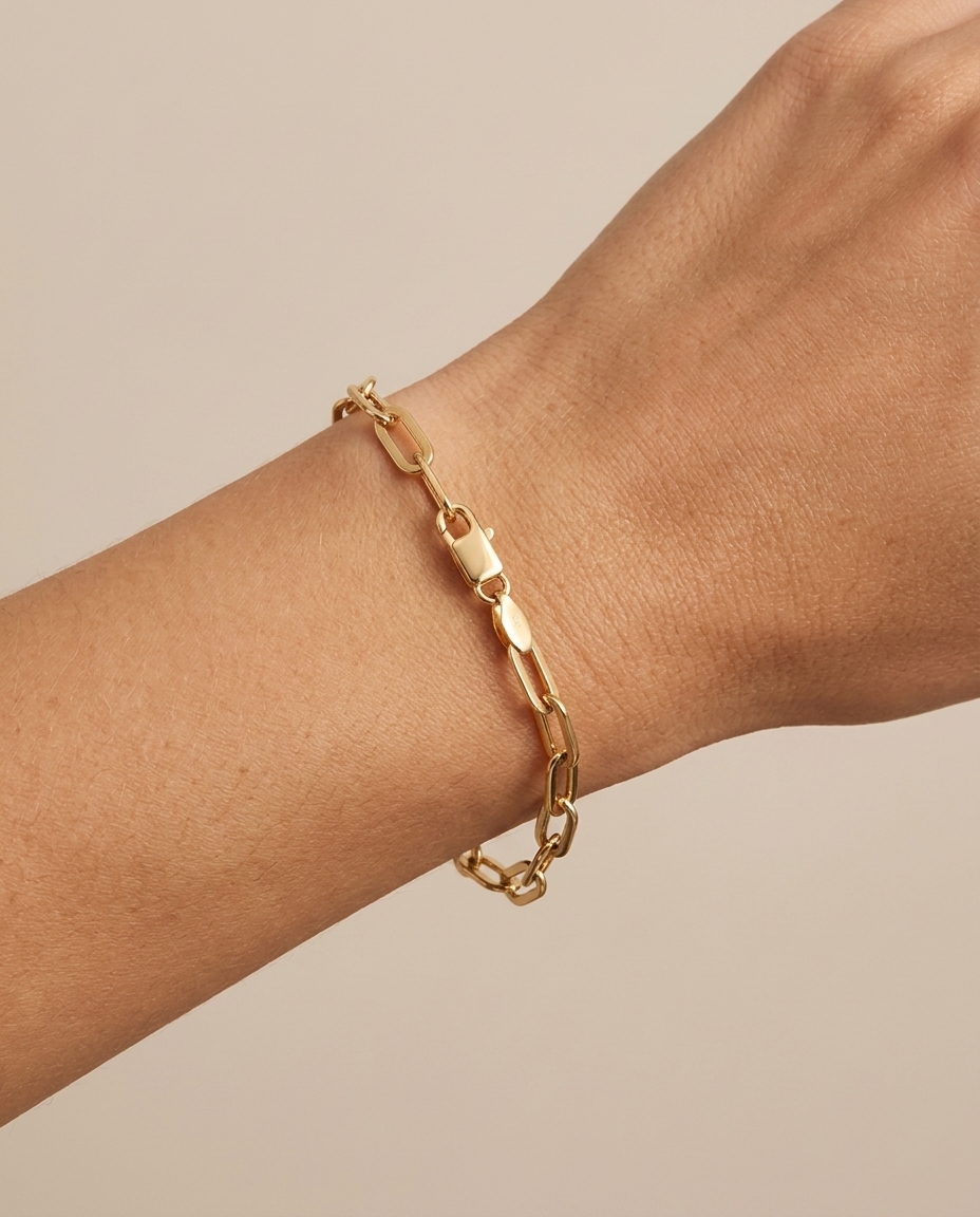 14KT Gold Flat Paperclip Chain on model