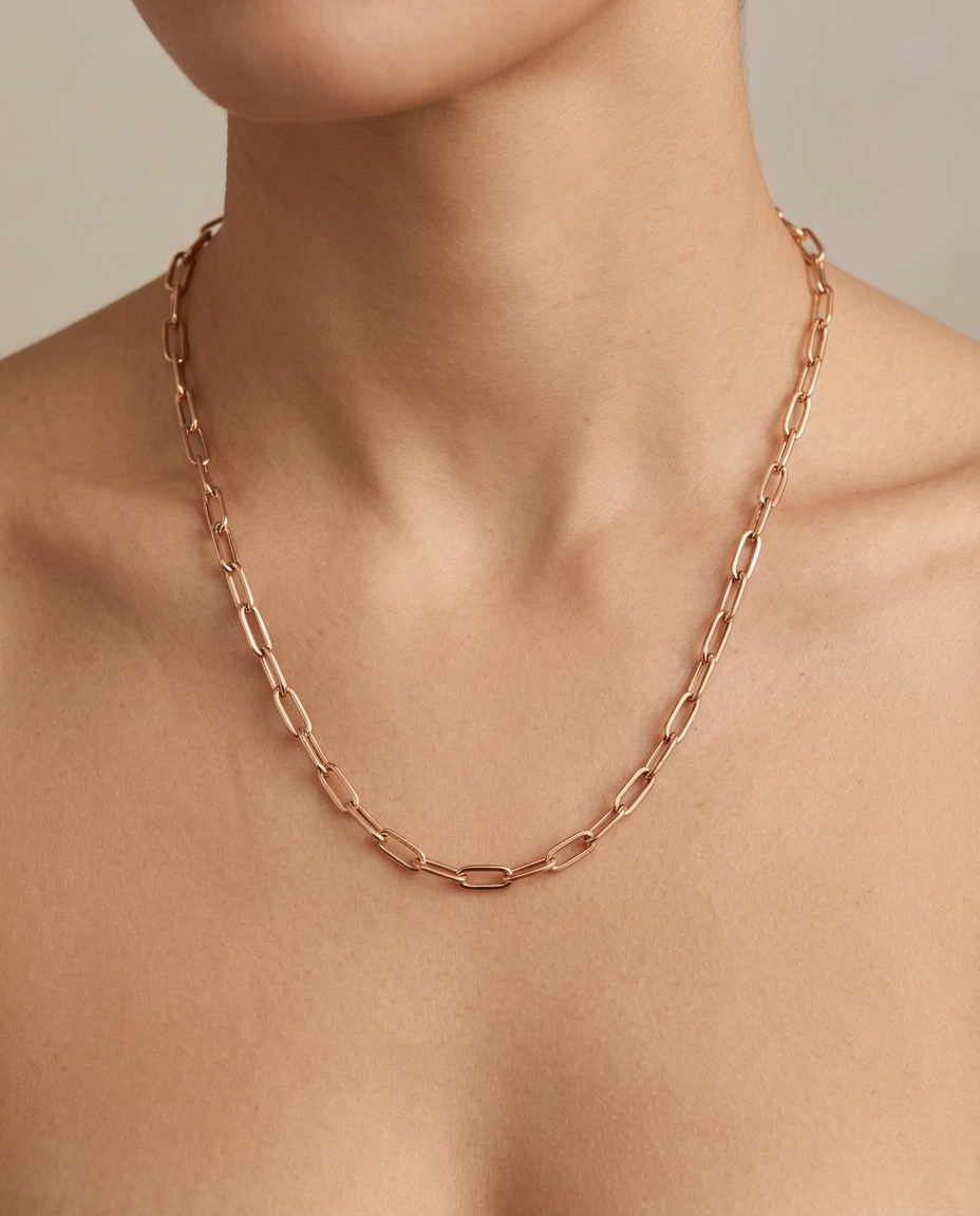 14KT Yellow Gold Hollow Paperclip Necklace on model