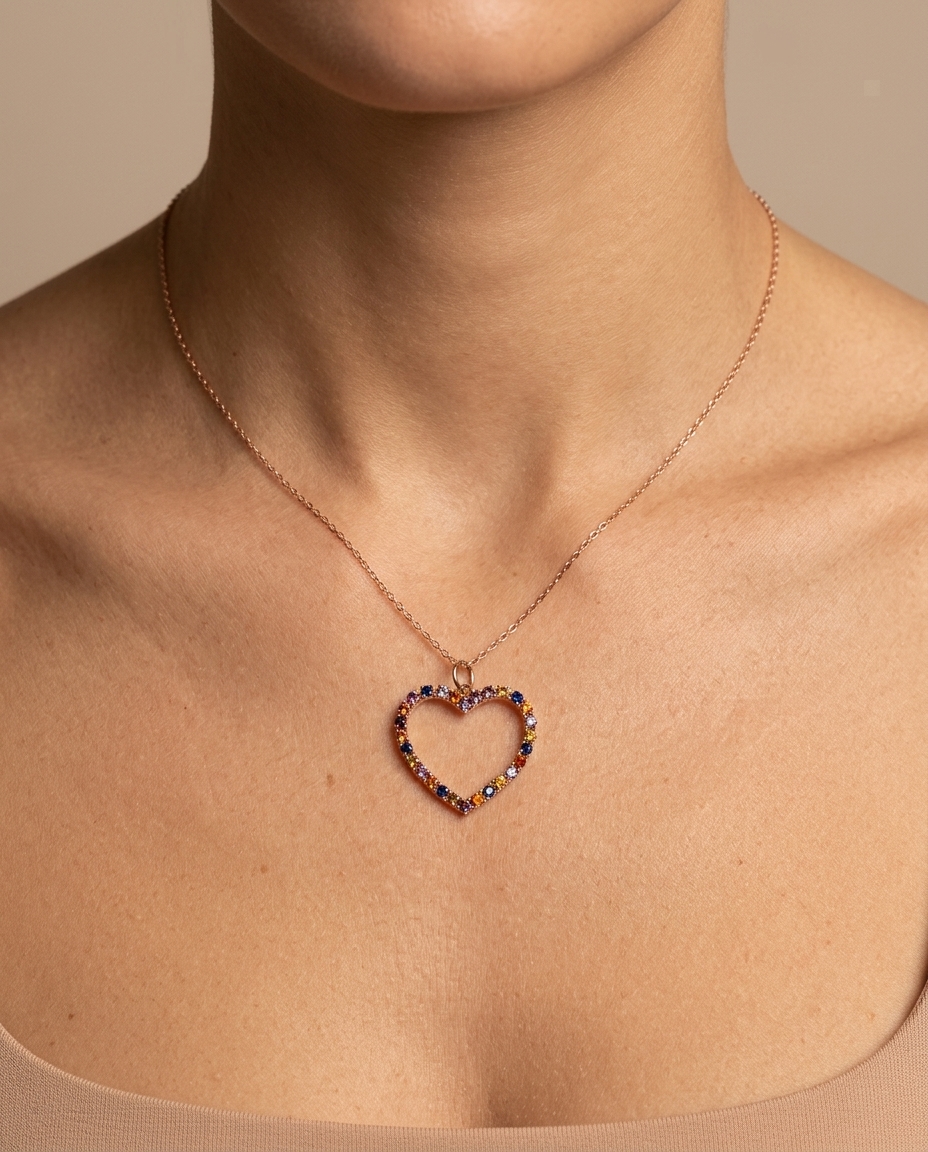 14KT Yellow Gold Multi Sapphire Heart Neaklace on model