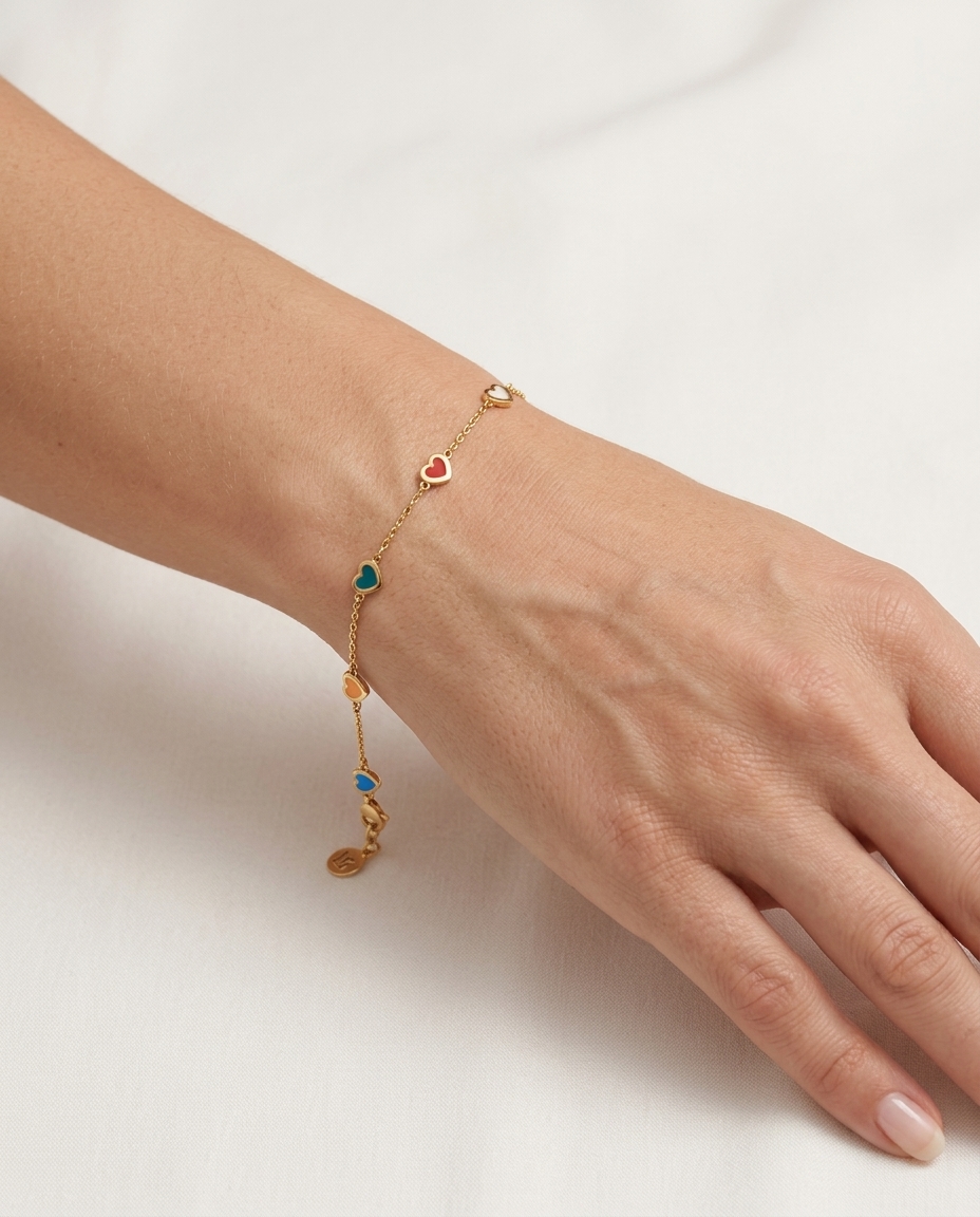 Multicolor Heart Bracelet in Yellow Gold on model