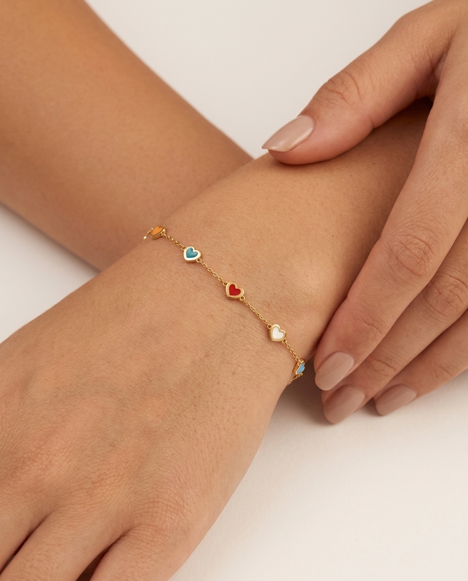 Multicolor Heart Bracelet in Yellow Gold on model