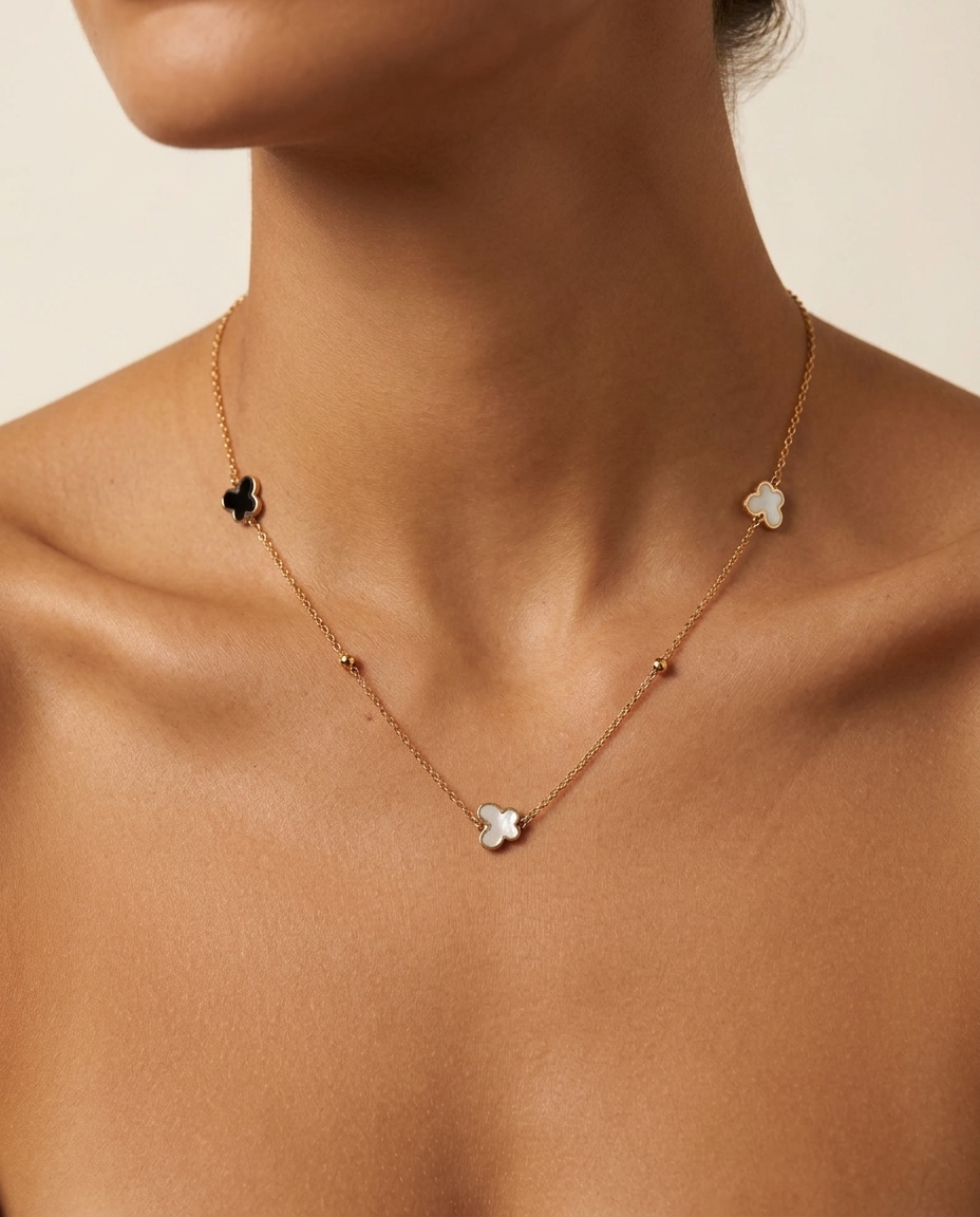 Mop 3 Buterfly Necklace in Yellow Gold on model