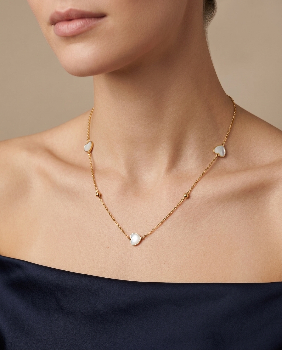 Mop 3 Heart Necklace in Yellow Gold on model