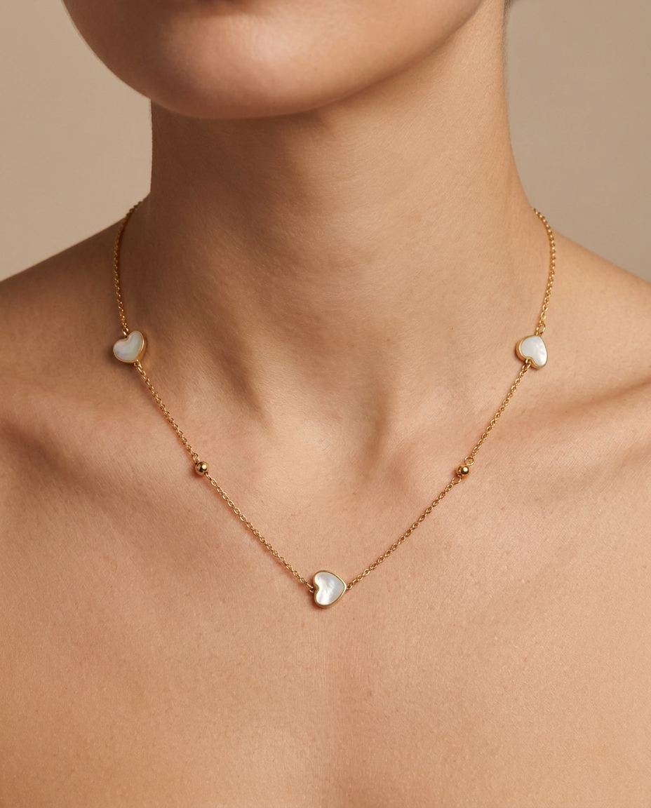 Mop 3 Heart Necklace in Yellow Gold on model