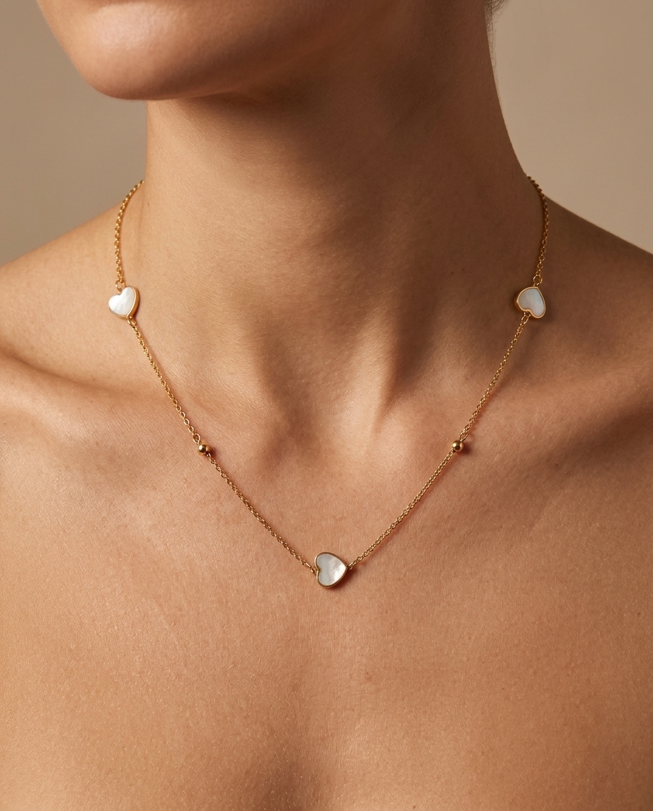 Mop 3 Heart Necklace in Yellow Gold on model