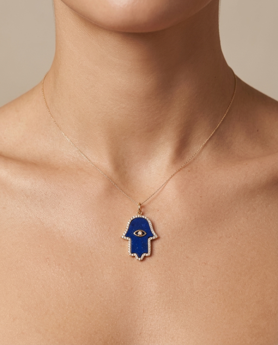 Lapis Hamsa Diamond Pendant in Yellow Gold on model