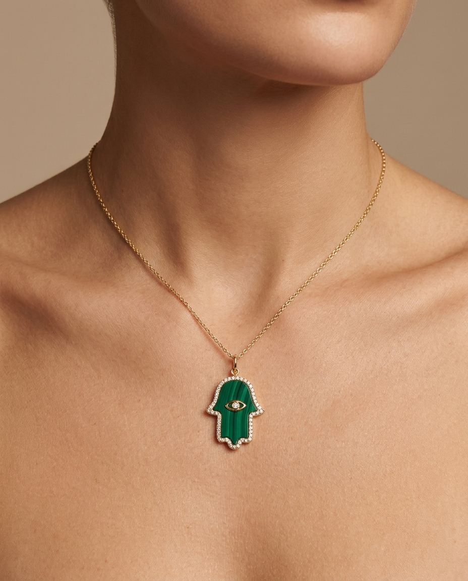Malachite Hamsa Diamond Pendant in Yellow Gold on model