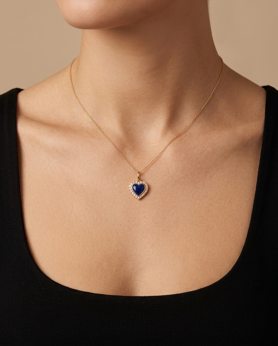 Lapis Small Heart Diamond Pendant in Yellow Gold on model