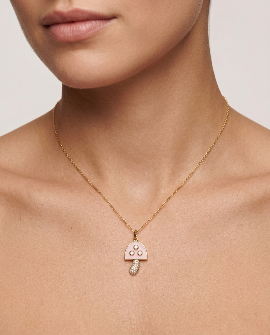 Pink Opal Mushroom Diamond Pendant in Yellow Gold on model