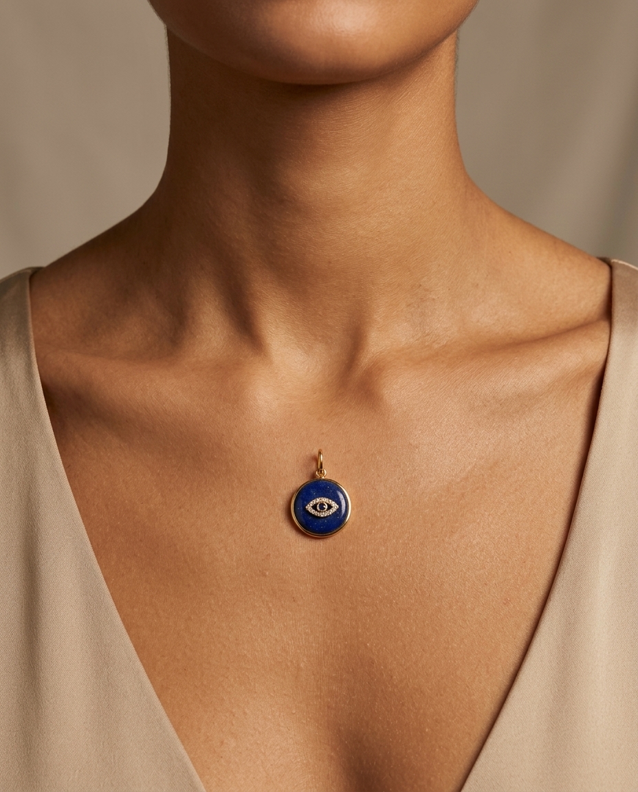 Lapis Round Evil Eye Diamond Pendant in Yellow Gold on model