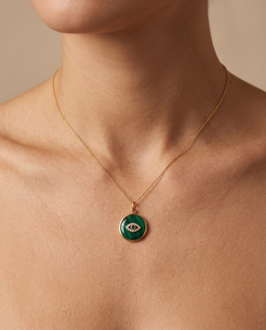 Malachite Round Evil Eye Diamond Pendant in Yellow Gold on model