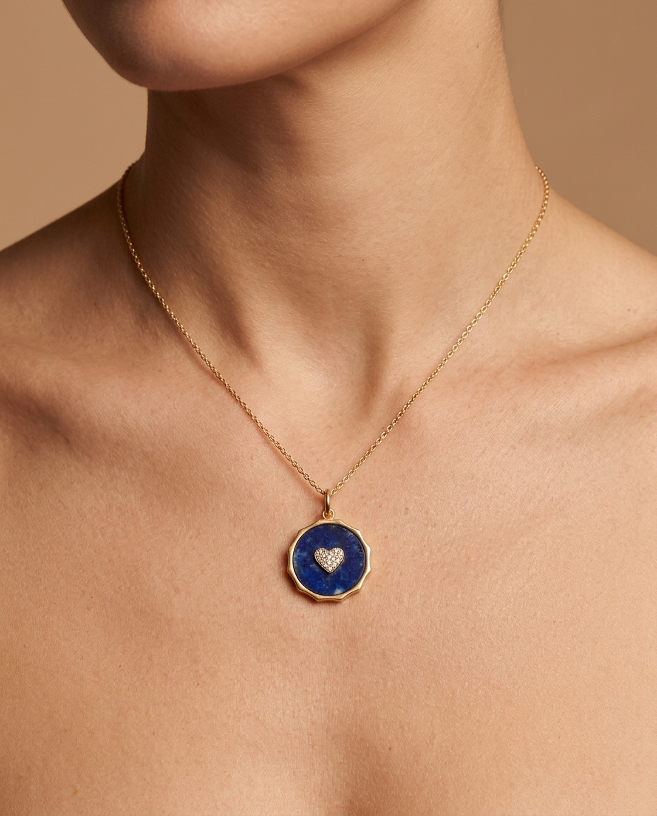 Lapis Disk with Diamond Heart Pendant in Yellow Gold on model