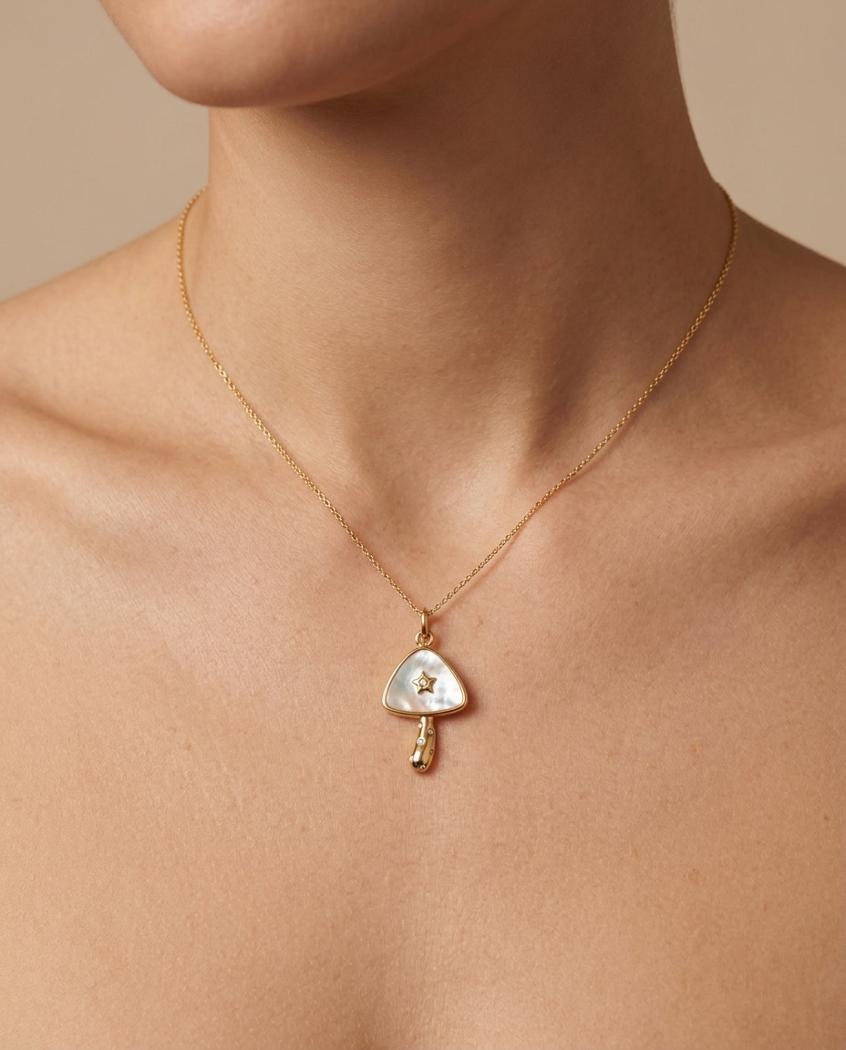 Mop Mashroom Pendant in Yellow Gold on model
