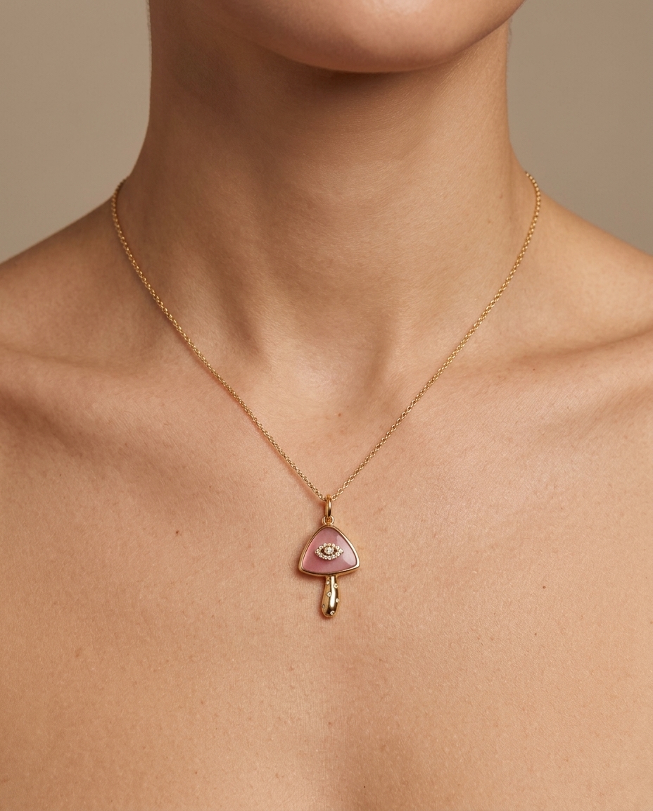 Pink Opal Mushroom Pendant in Yellow Gold on model